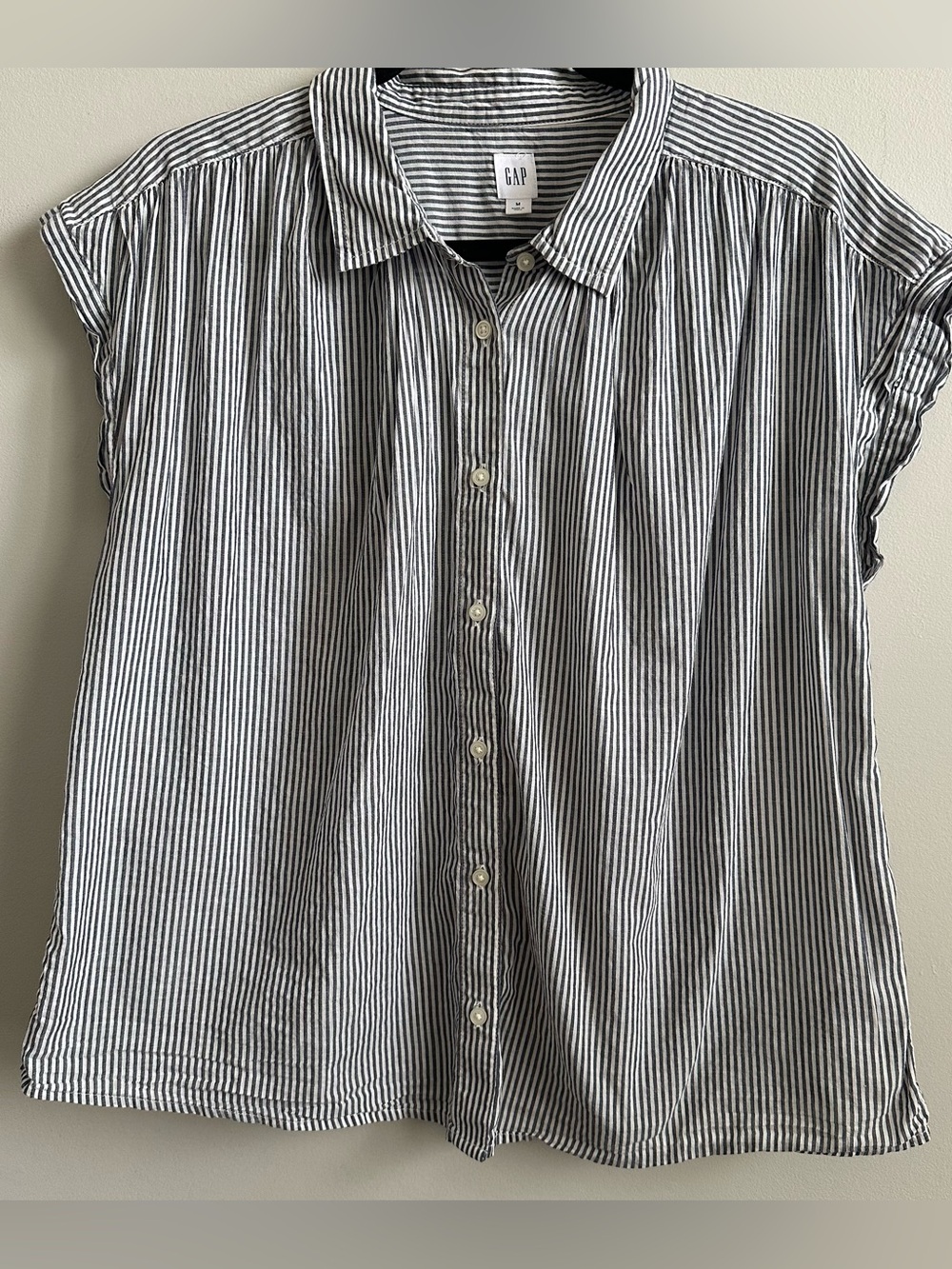 GAP Women's Navy and White Striped Collared Cap-Sleeve Shirt